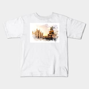 Piazza del Duomo, Milano Italy Watercolor Art City Landscape Kids T-Shirt